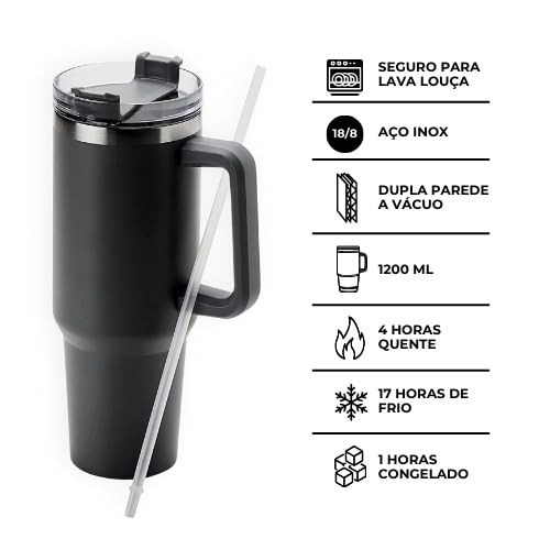 Copo Térmico Gigante 1200ml Preto - Aço Inoxidável Premium