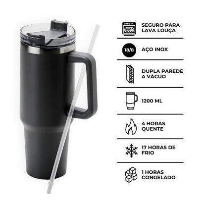 Copo Térmico Gigante 1200ml Preto - Aço Inoxidável Premium