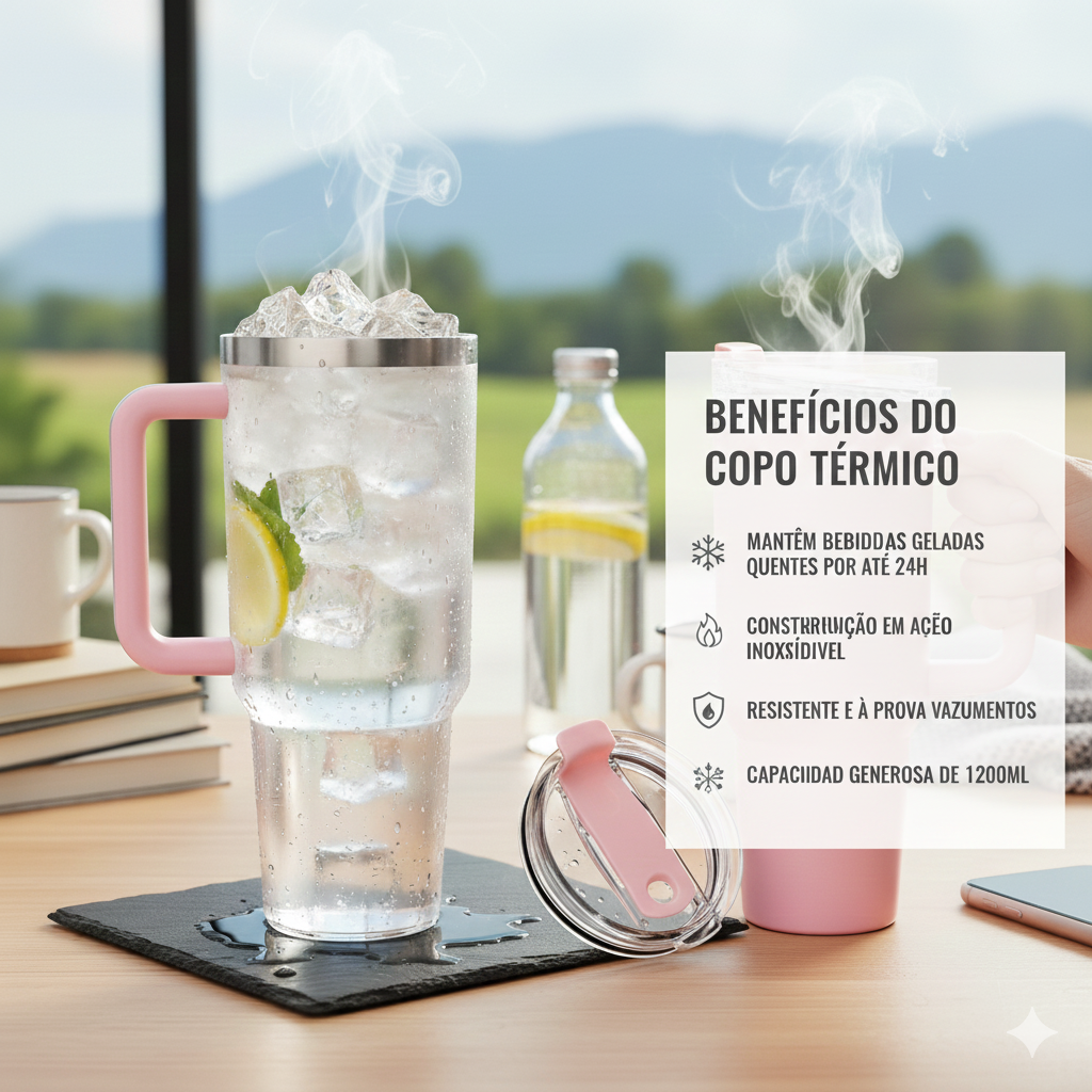 Copo Térmico Gigante 1200ml Rosa Claro - Aço Inoxidável Premium